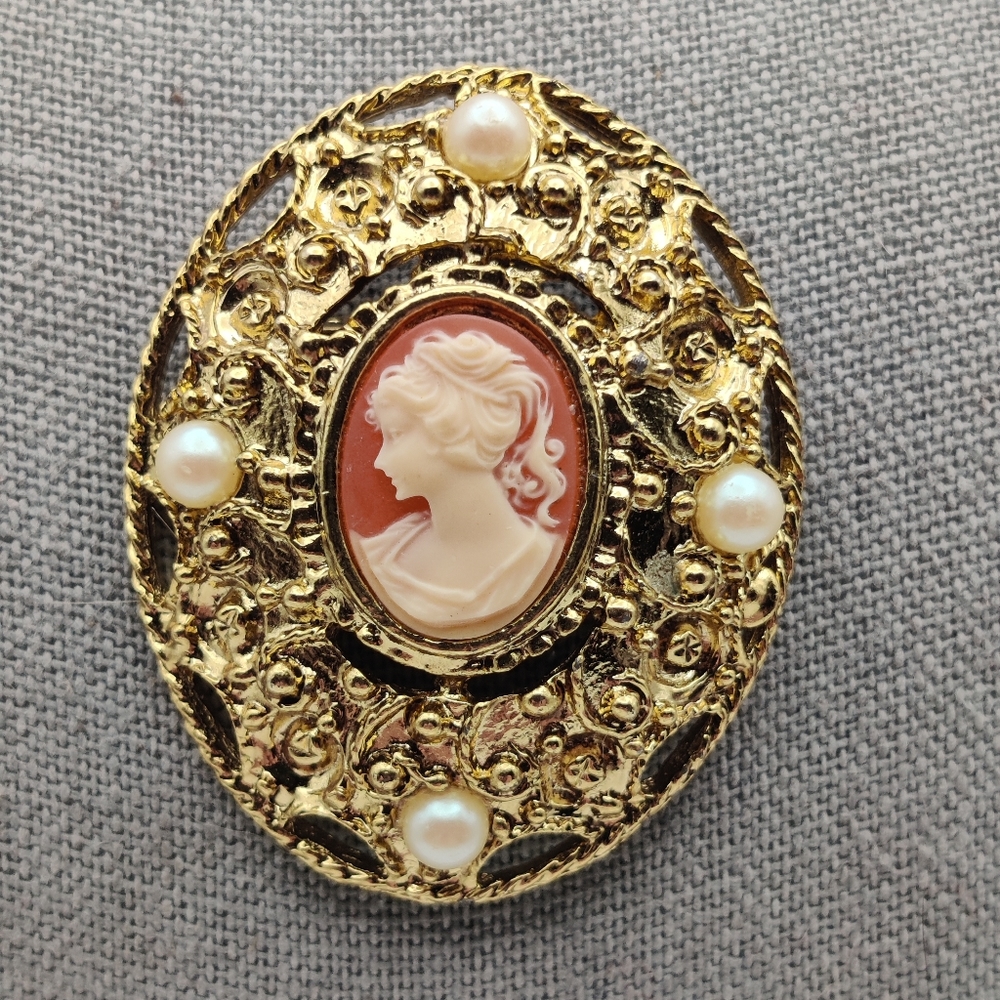 Ornate Gold-tone Cameo Brooch by M J ENT